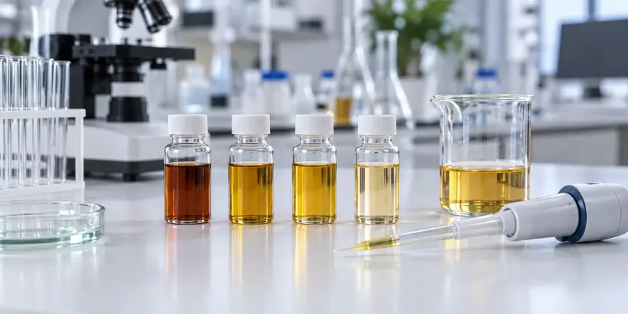Échantillons de solutions ambrées et matériel d’analyse en laboratoire.