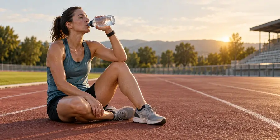 Une sportive s’hydrate pendant une pause sur une piste d’athlétisme.