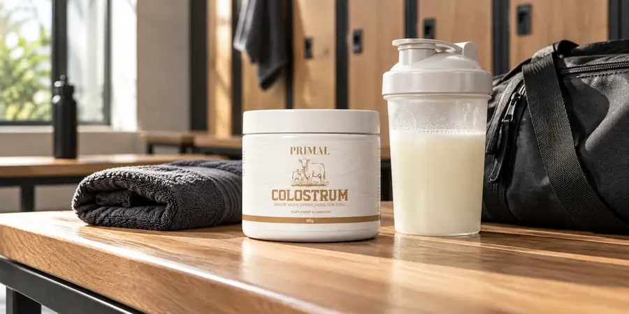 Colostrum Primal 90 g avec un shaker et une serviette dans un vestiaire.