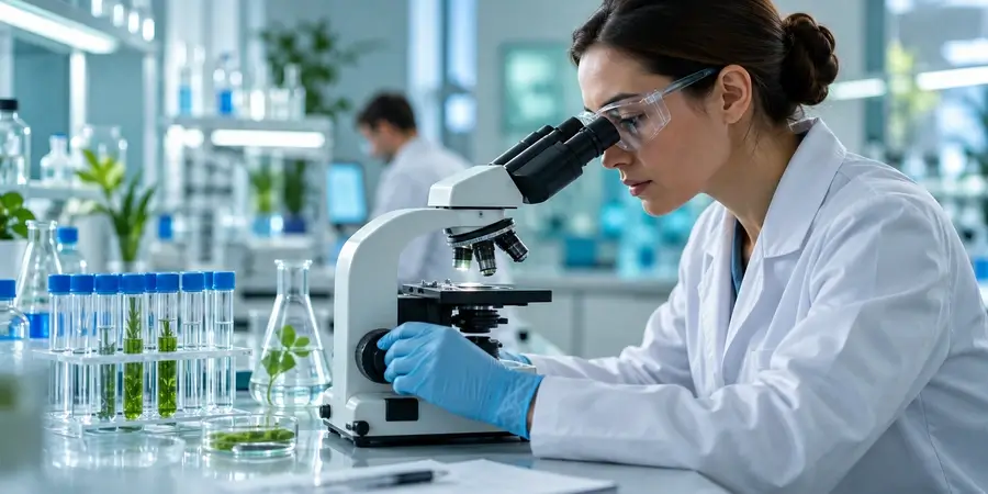 Une chercheuse observe un échantillon au microscope.