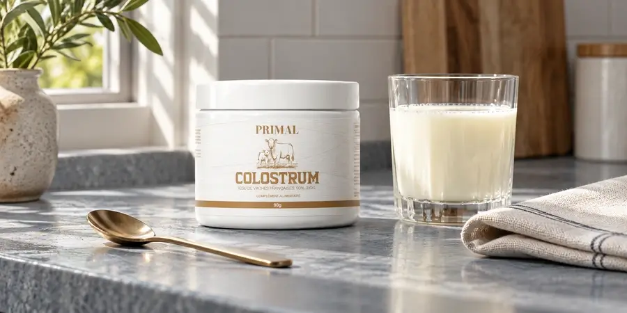 Colostrum Primal 90 g et verre de boisson fraîche sur un plan de travail.