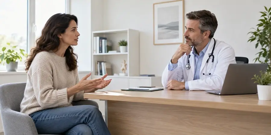 Une patiente échange avec son médecin en consultation.