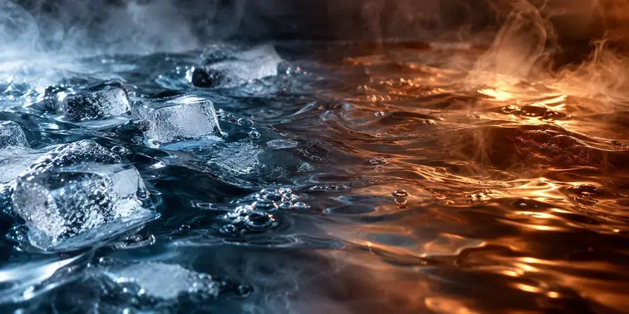 Surface d'eau glacée à gauche et eau chaude fumante à droite.