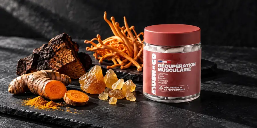 Pot Mush N Go Récupération Musculaire sur une ardoise noire avec curcuma, chaga et boswellie.