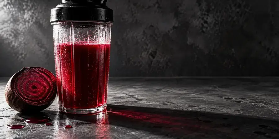 Shaker rempli de jus de betterave et demi-betterave crue sur un plan de travail en béton.