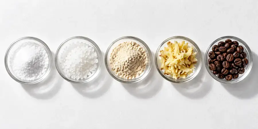 Cinq coupelles de verre alignées : poudres, gingembre râpé et grains de café.