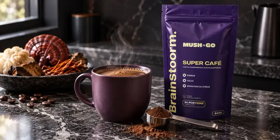 Busta Brainstoorm, tazza di caffè fumante e cucchiaio dosatore su un piano in marmo.