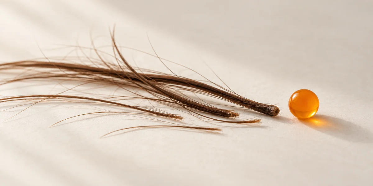 Cheveux fins de longueurs inégales et sphère orange symbolisant la DHT près de la racine