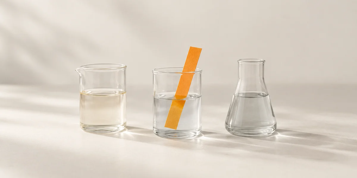 Trois béchers et une bandelette de pH orange pour comparer pH5, pH neutre et pH alcalin