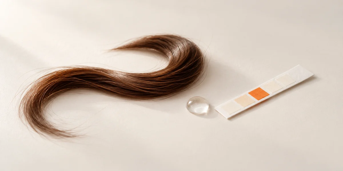 Mèche de cheveux brillants et bandelette de pH pour illustrer le pH du shampoing