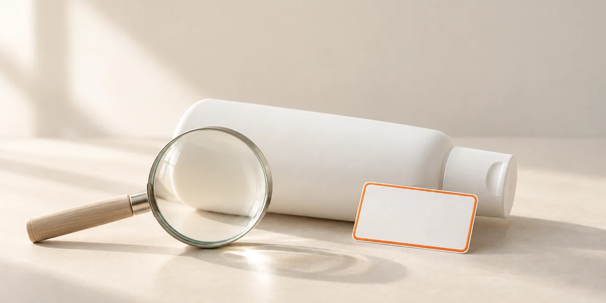 Flacon de shampoing et loupe pour lire l'étiquette