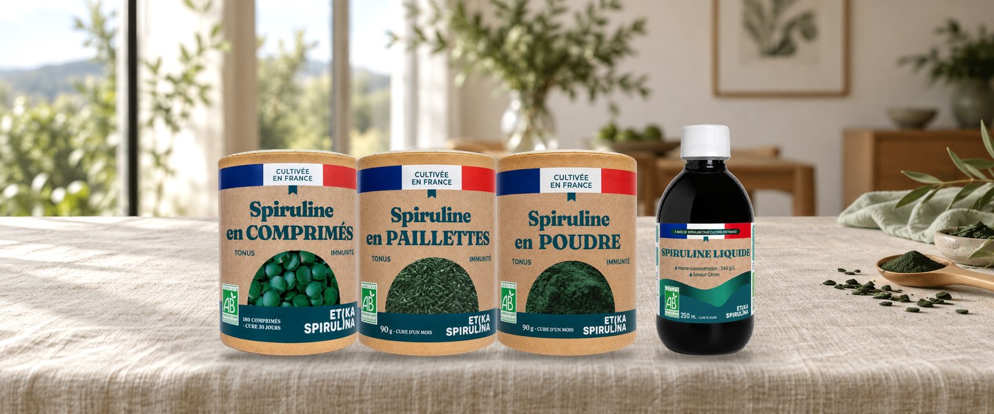 La gamme Etika Spirulina : comprimés, paillettes, poudre et spiruline liquide