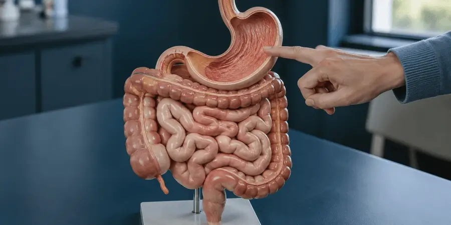 Une main désigne l'estomac d'un modèle anatomique du système digestif, pour illustrer la tolérance digestive des différentes formes de fer