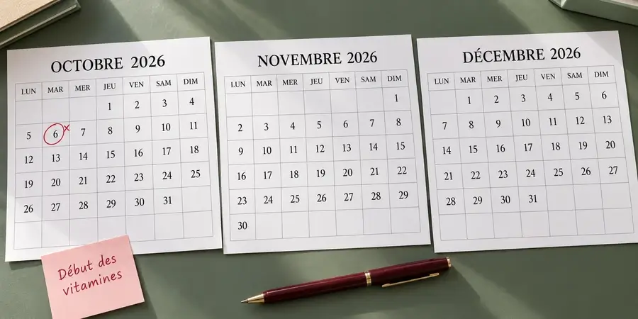 Trois calendriers mensuels alignés avec le premier jour de la cure entouré, pour anticiper les folates trois mois avant les essais
