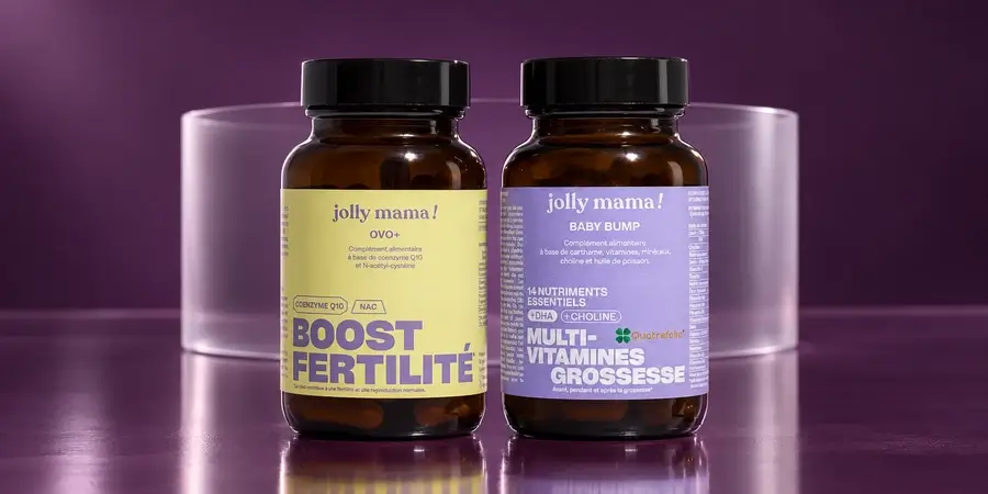Les compléments Ovo+ et Baby Bump de Jolly Mama présentés côte à côte