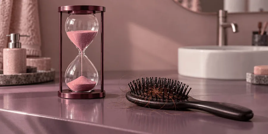 Un sablier à sable rose à côté d’une brosse noire contenant des cheveux, sur une tablette de salle de bain mauve.