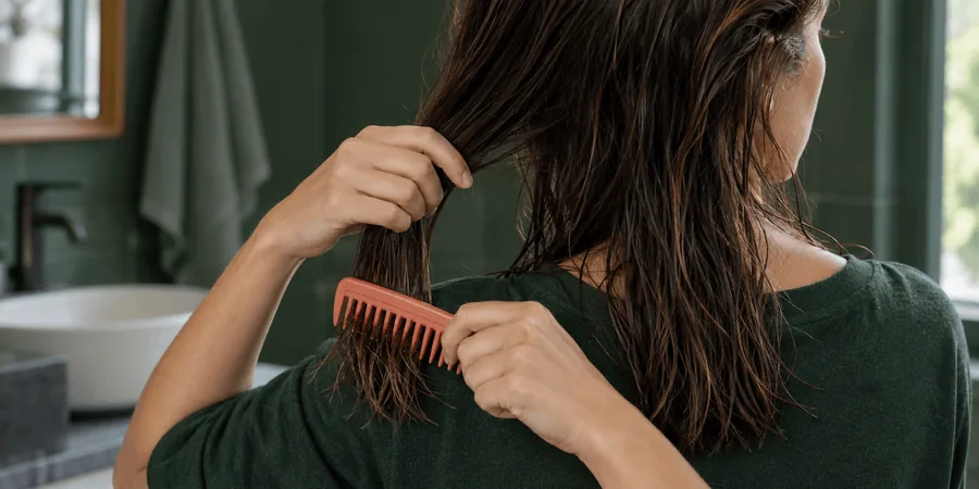 Une femme vue de dos tient une mèche de cheveux humides et en démêle les pointes avec un peigne corail à dents larges.