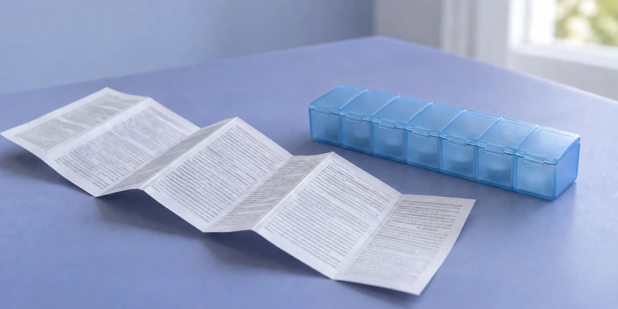 Notice dépliée à côté d'un pilulier, le réflexe de vérifier ses traitements avant une cure