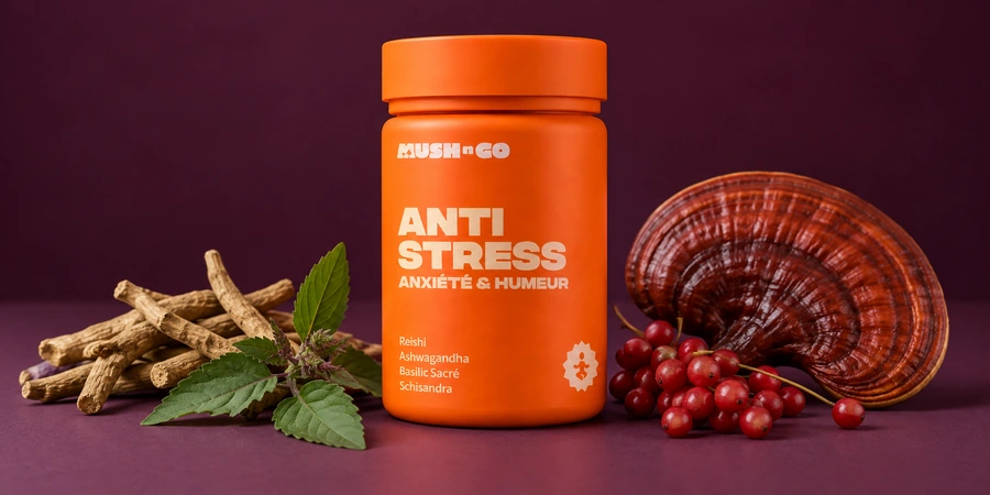 Anti-Stress de Mush N Go entouré de racine d'ashwagandha, de basilic sacré, de baies de schisandra et de reishi