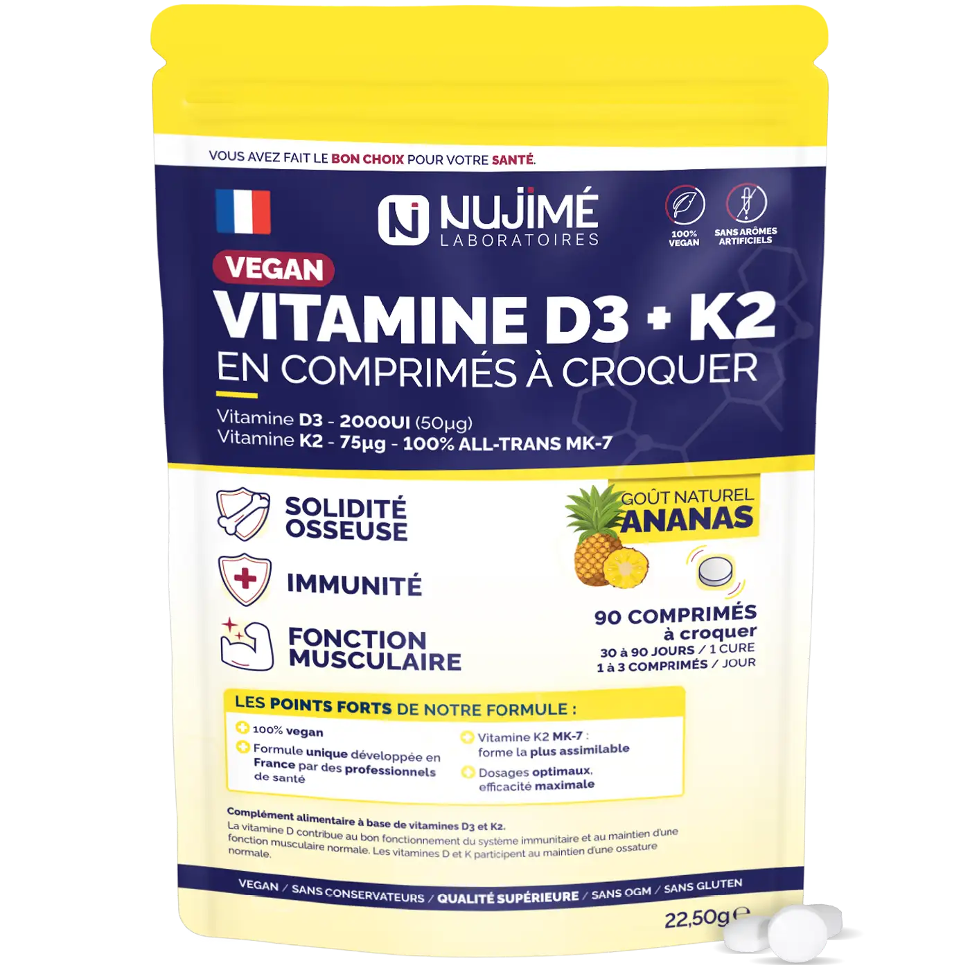 Vitamine D3 + K2 90 comprimés - Nujimé