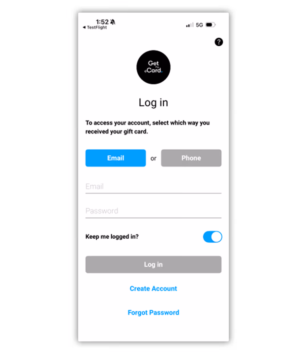 Login screen for Get eCard app with options to log in via email or phone, input fields for email and password, toggle for keep me logged in, and links for creating an account or forgotten password.