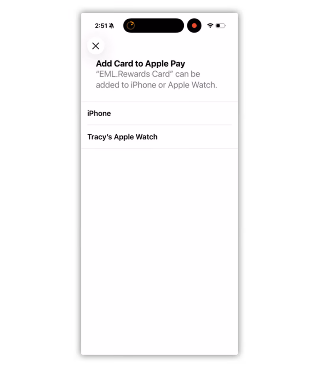 Apple Pay screen asking to add 'EML.Rewards Card' to iPhone or Tracy's Apple Watch.