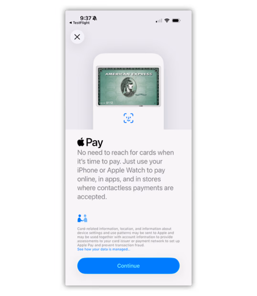 Apple Pay setup screen showing an American Express card and instructions to use iPhone or Apple Watch for contactless payments, with a Continue button.