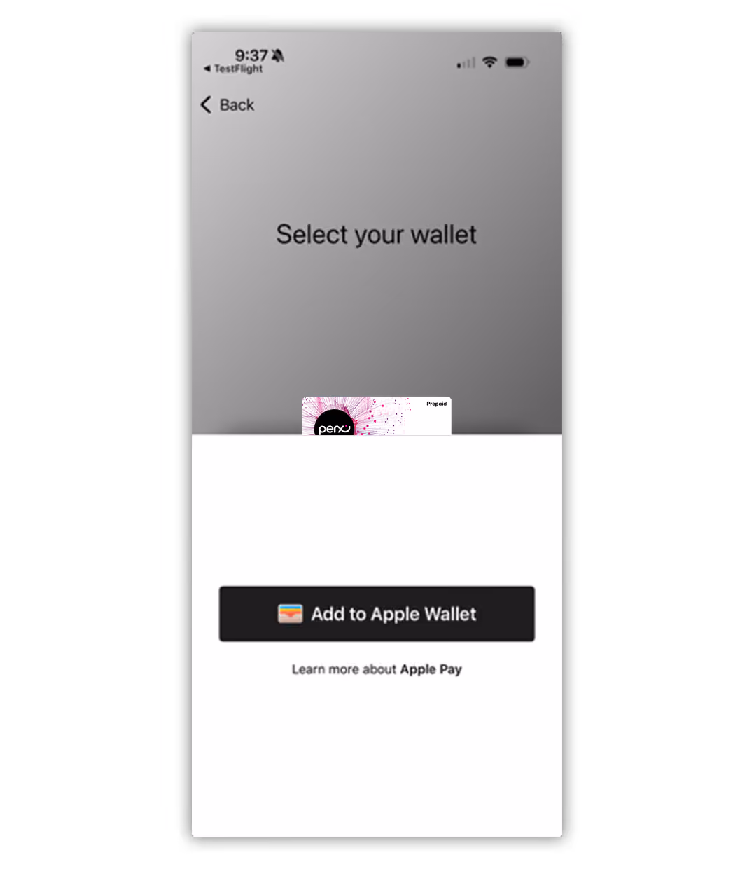 Mobile screen showing 'Select your wallet' with option to add a Perx prepaid card to Apple Wallet and link to learn about Apple Pay.