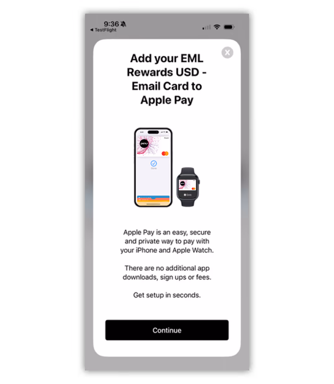 Mobile screen showing prompt to add EML Rewards USD - Email Card to Apple Pay on iPhone and Apple Watch with an option to continue.