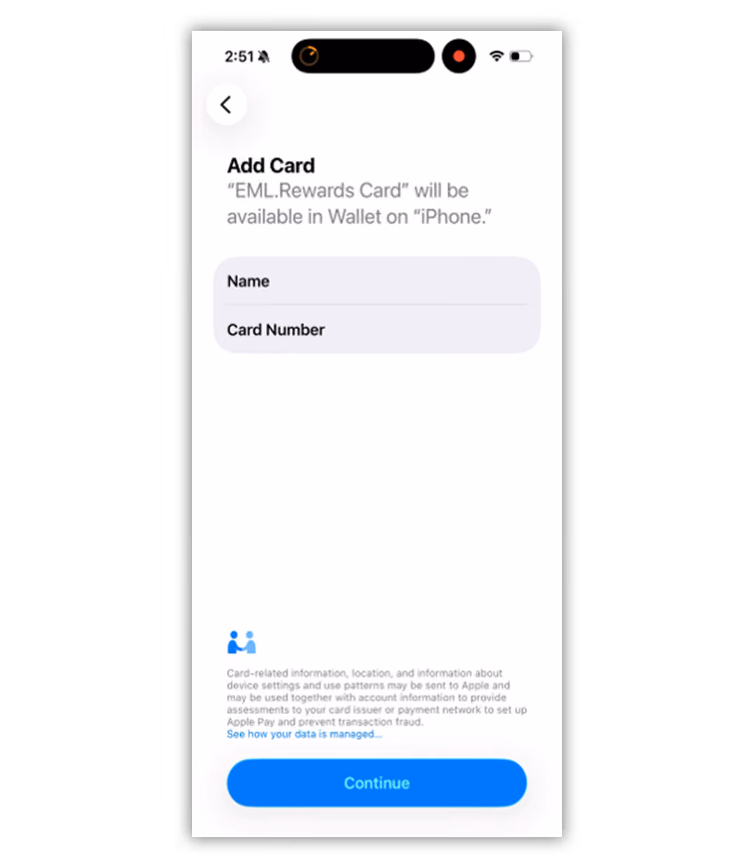 iPhone screen showing Add Card page to add an EML Rewards Card to the Wallet with fields for Name and Card Number and a blue Continue button.
