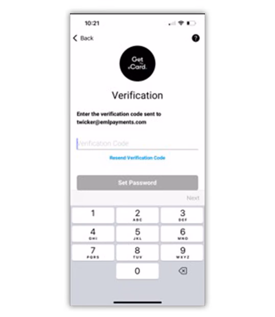 Mobile app screen showing verification code entry for email twicker@emlpayments.com with numeric keypad and option to resend code.