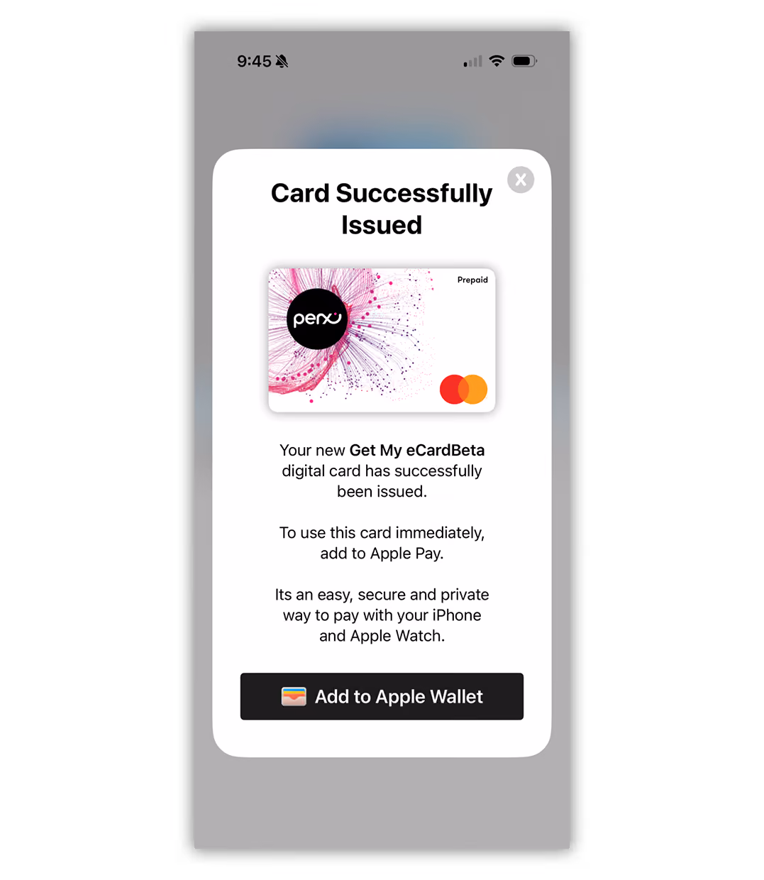 Notification showing a Perx prepaid digital card and message confirming successful issuance with an option to add it to Apple Wallet.