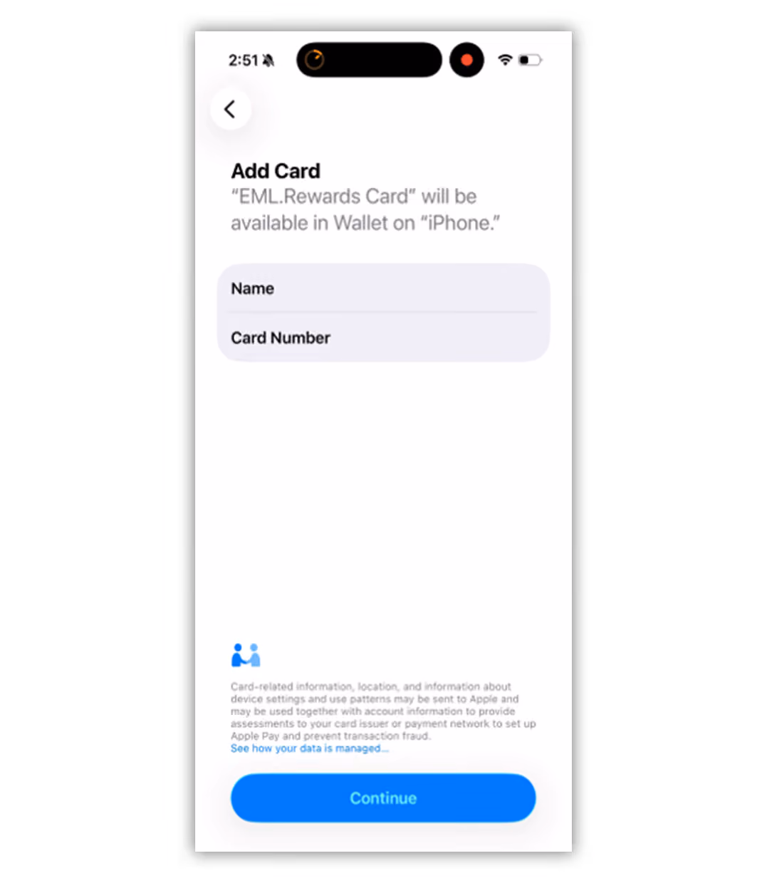 iPhone screen showing Add Card form for EML Rewards Card with fields for Name and Card Number and a blue Continue button.