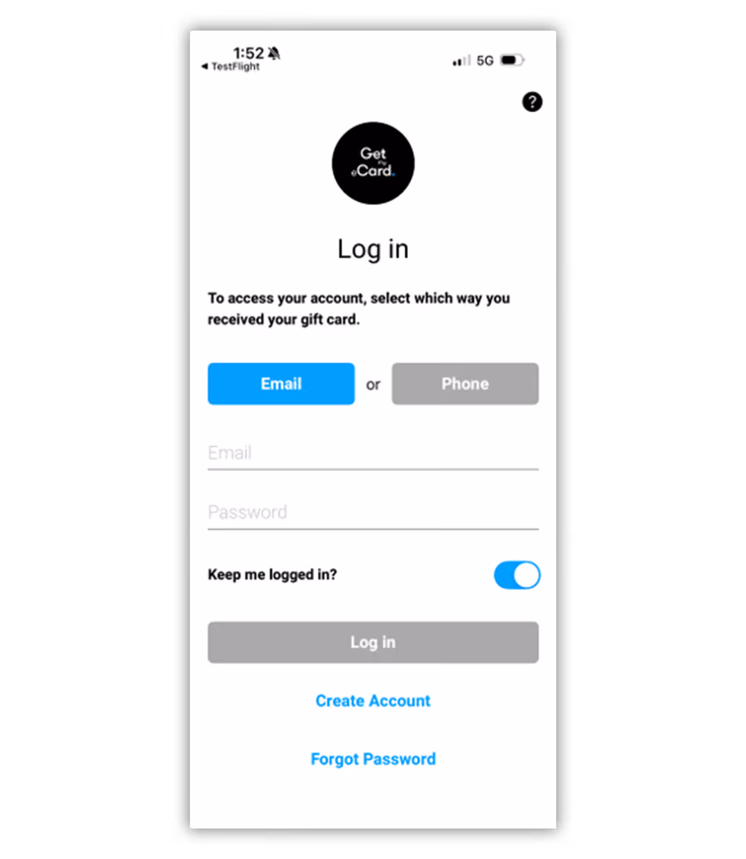 Mobile app login screen prompting to select Email or Phone to access gift card account, with options to create account or reset password.