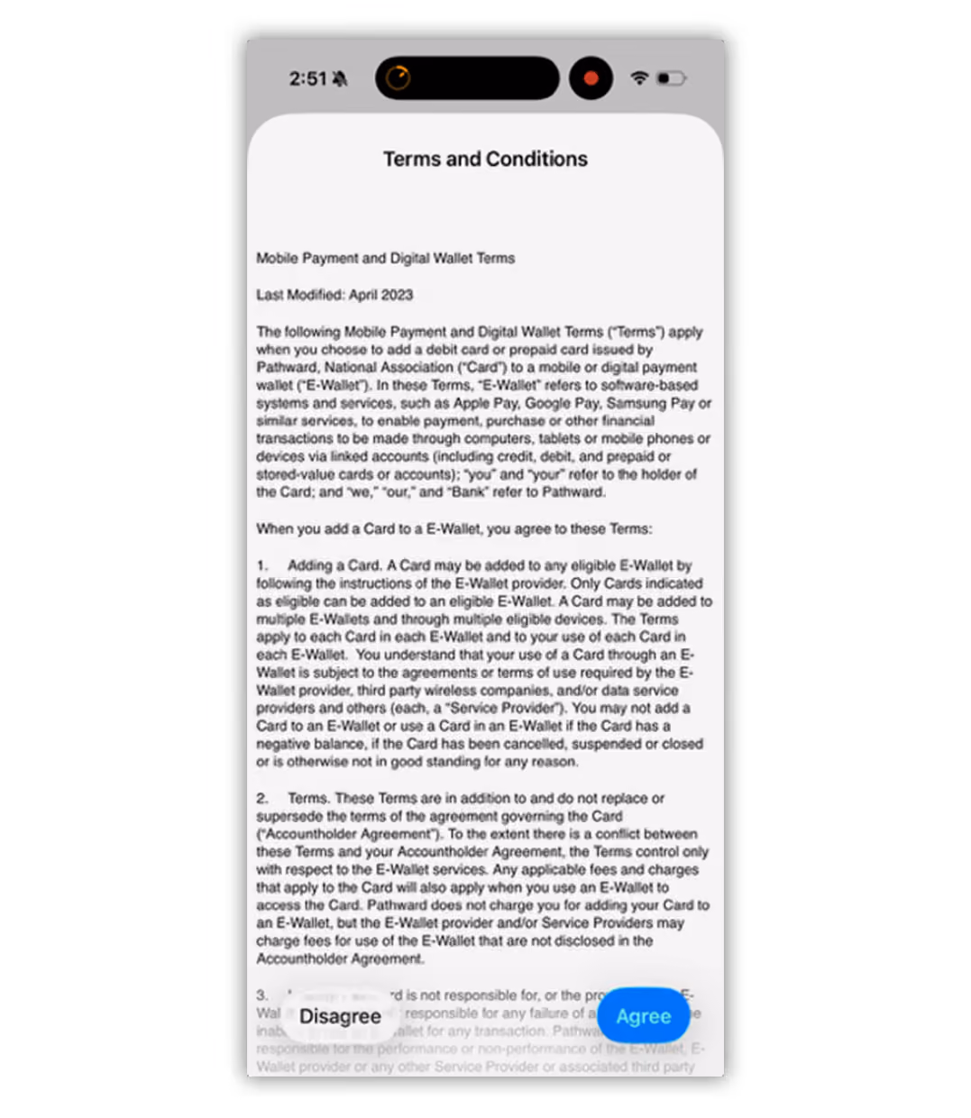 Mobile screen displaying Terms and Conditions for Mobile Payment and Digital Wallet, with Disagree and Agree buttons at the bottom.