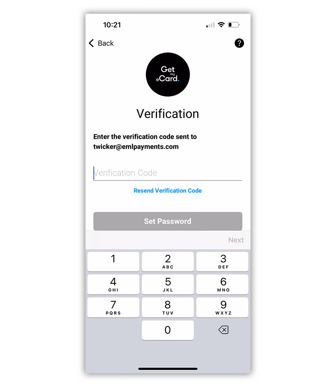 Mobile screen displaying a verification step asking to enter a code sent to twicker@emlpayments.com with a numeric keypad and options to resend code or set a password.