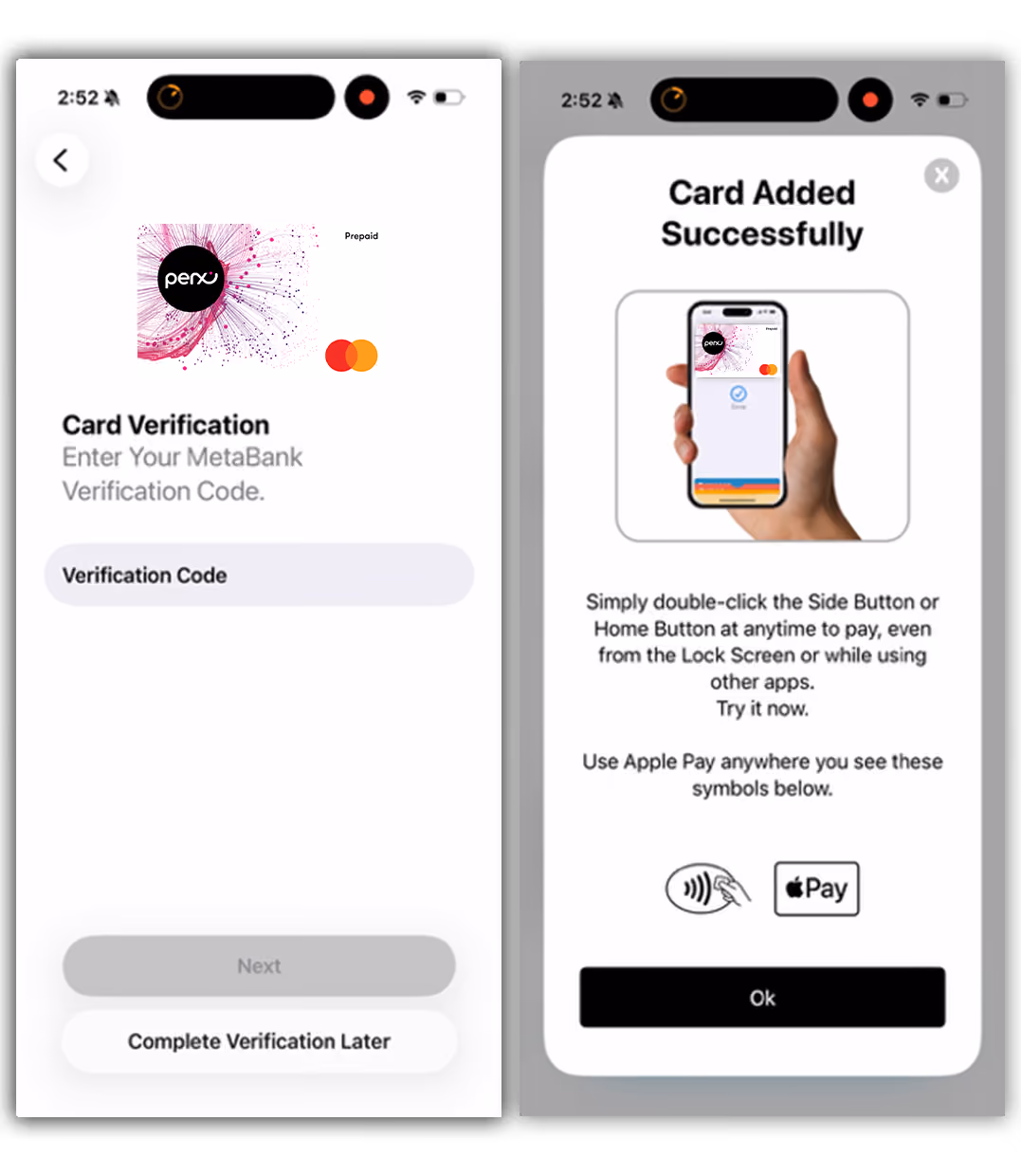 Mobile screens showing card verification for MetaBank with a field to enter verification code, and confirmation screen for successful card addition with Apple Pay usage instructions.