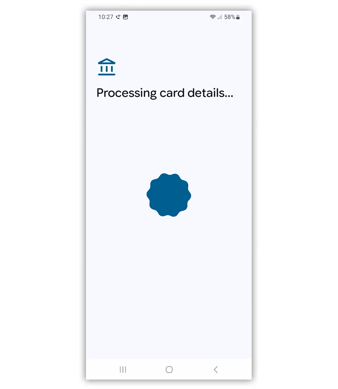 Mobile screen showing message 'Processing card details...' with a loading spinner below.