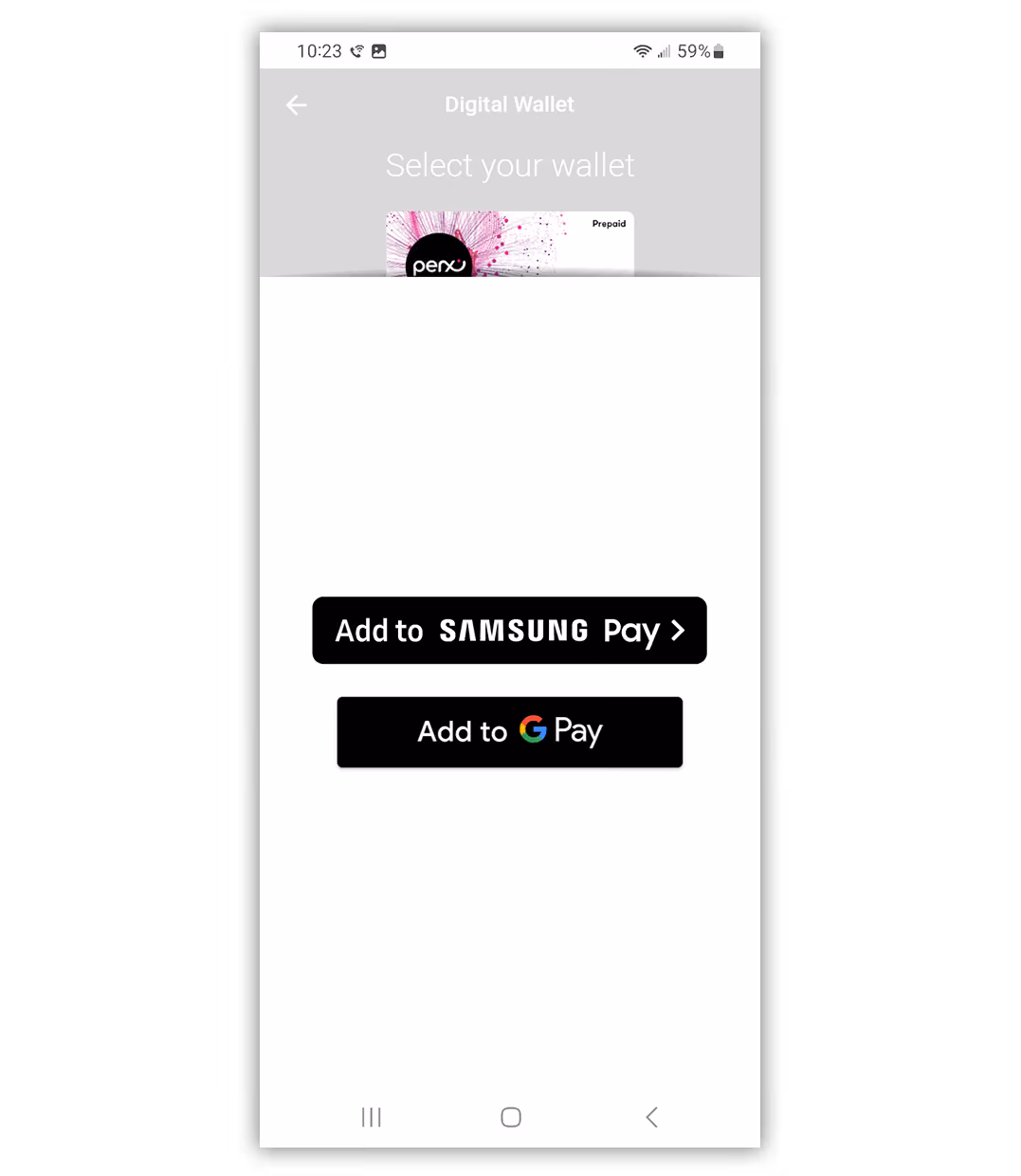 Digital Wallet screen showing a Perx prepaid card with options to add it to Samsung Pay or Google Pay.