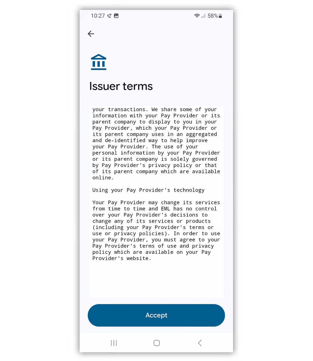 Mobile screen showing issuer terms with details about sharing information with Pay Provider and a blue Accept button at the bottom.