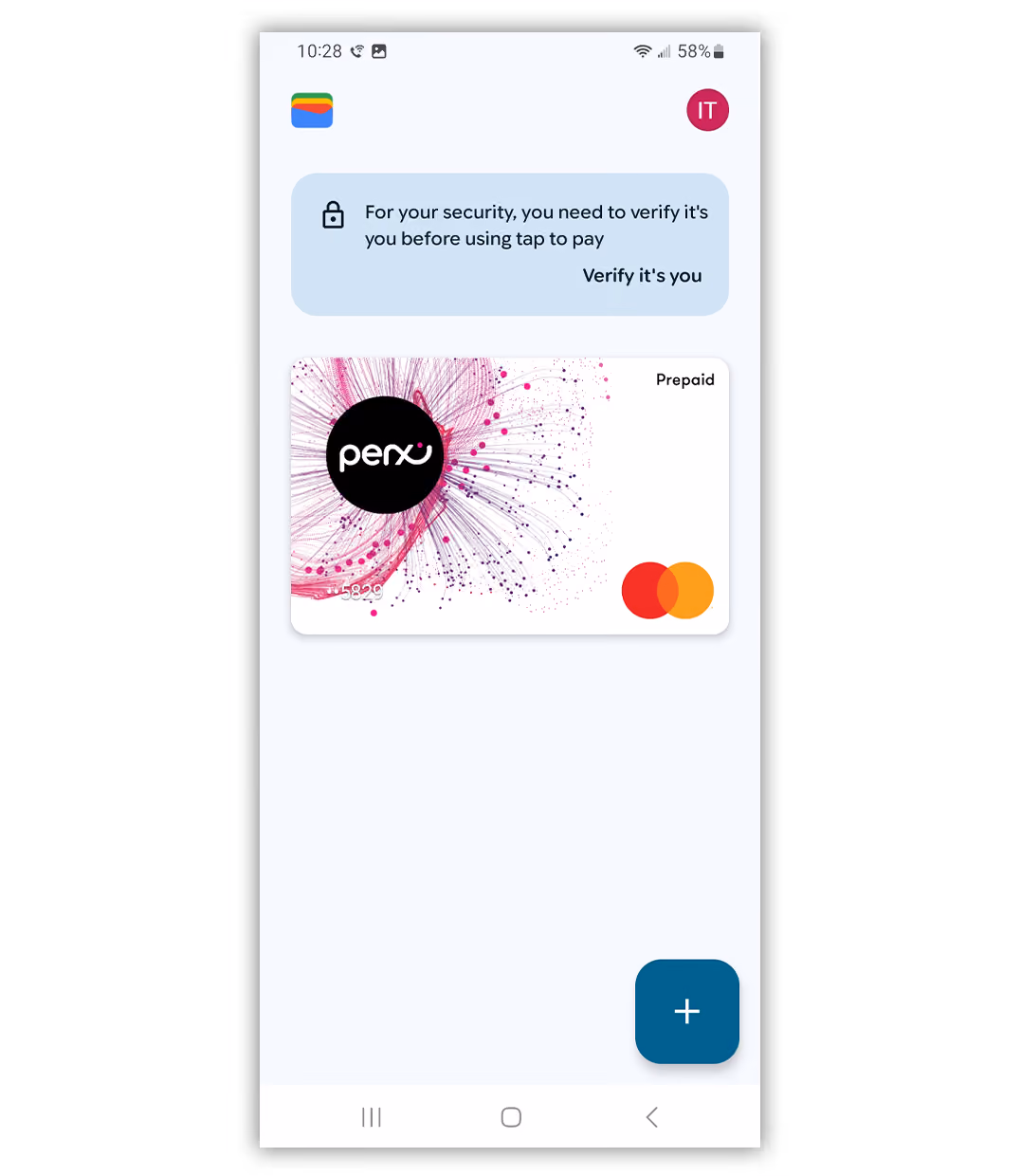 Mobile screen displaying a digital prepaid Mastercard with Perx logo, prompt to verify identity for tap to pay, and a plus button for adding cards.