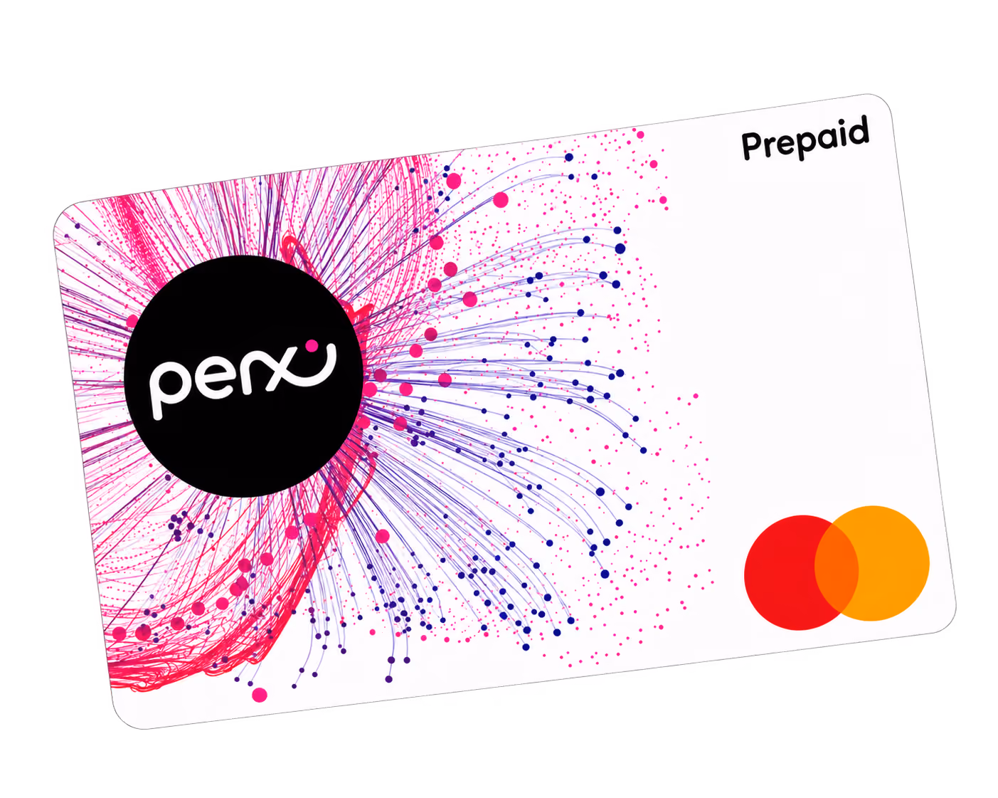 Young woman wearing glasses smiling while using a smartphone, next to a large phone screen showing a prepaid Perx Mastercard with a €1500.00 available balance.