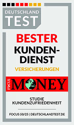 Deutschland Test logo with text highlighting best customer service insurance study by Focus Money on customer satisfaction.