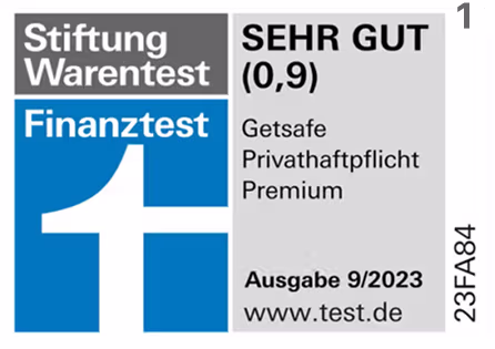 Stiftung Warentest Finanztest rating label showing 'SEHR GUT (0,9)' for Getsafe Privathaftpflicht Premium, issue 9/2023.