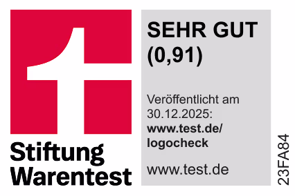Stiftung Warentest Finanztest rating label showing 'SEHR GUT (0,9)' for Getsafe Privathaftpflicht Premium, issue 9/2023.