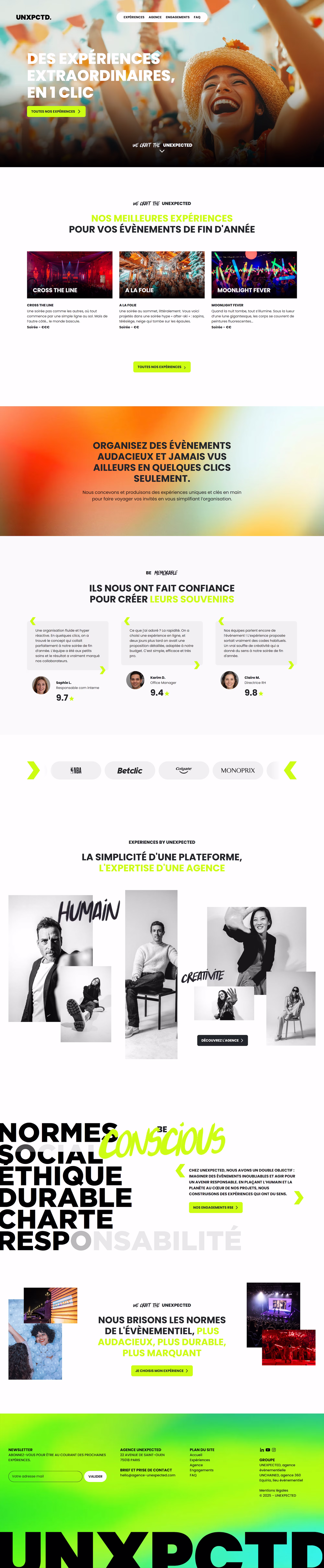 Capture complète de la page d’accueil du site Webflow d’Experiences by Unexpected