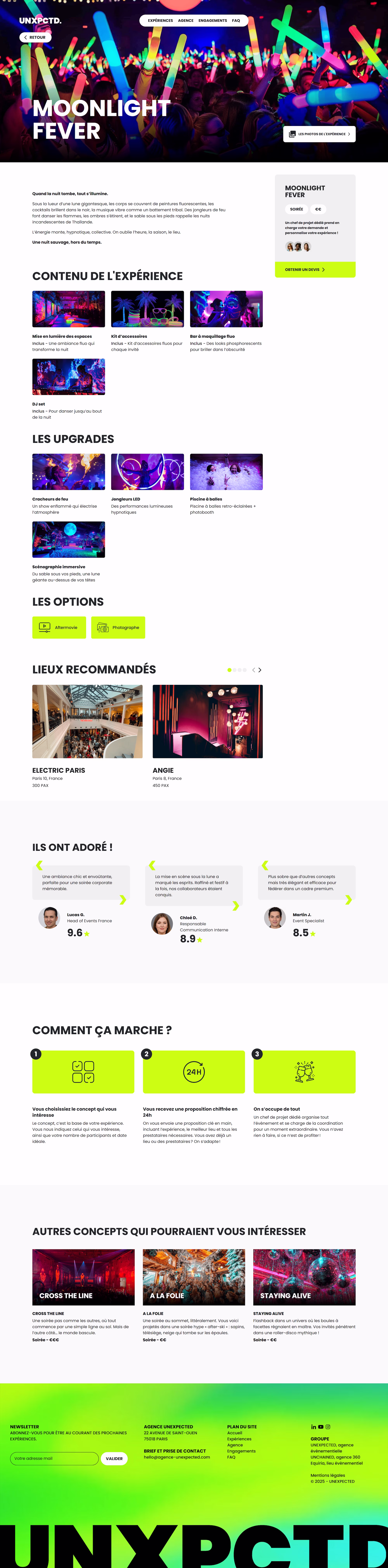 Page intérieure du site Webflow d’Experiences by Unexpected