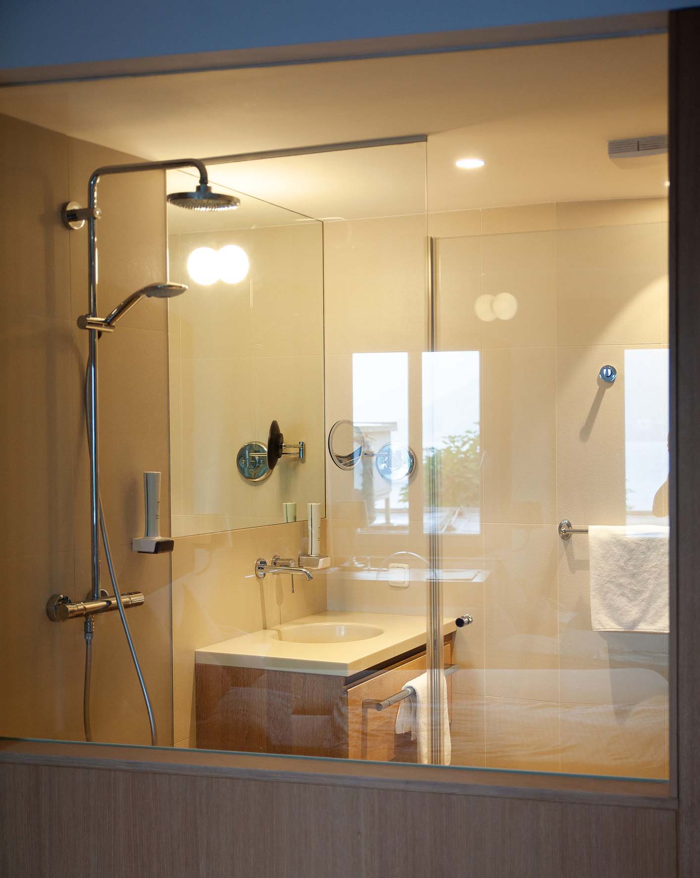 Moderner Badezimmerbereich mit Duschkopf, Waschbecken und Spiegel hinter einer Glaswand.