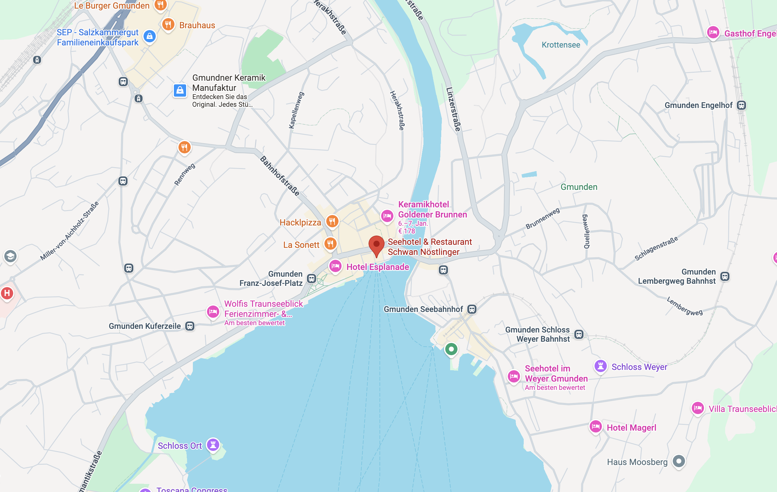 Karte von Gmunden, Österreich, zeigt Hotels, Restaurants und Sehenswürdigkeiten rund um den Traunsee.