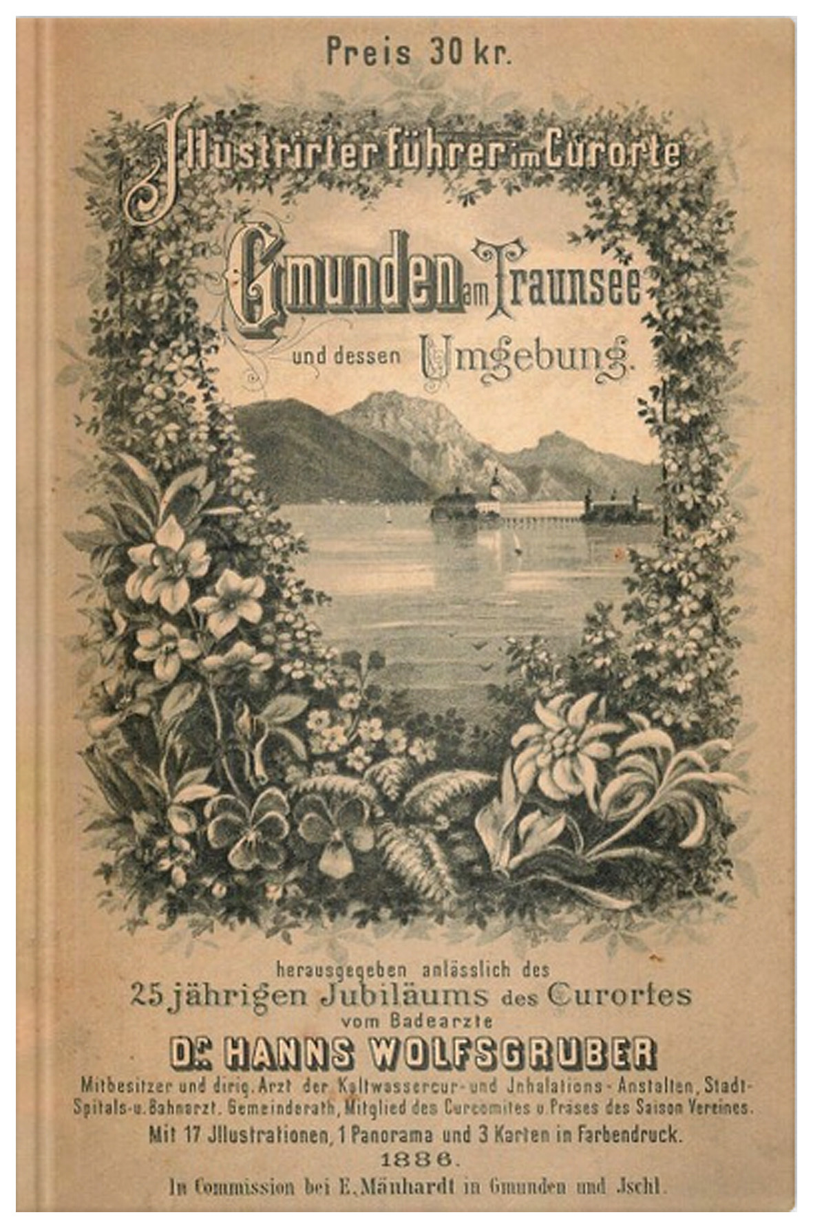 Titelseite eines historischen Reiseführers von 1886 mit einer Illustration von Gmunden am Traunsee, umrahmt von Blumen.